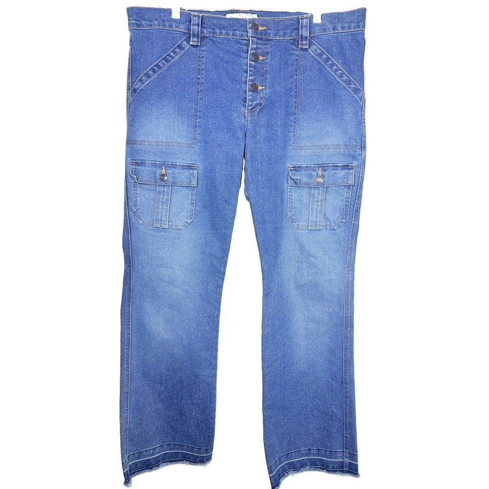 Old Navy Stretch Wide Leg Cargo Jeans Womens 16 Blue High Rise Button Fly Y2K 04